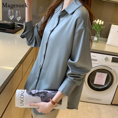 New Spring Loose Women Shirts Blouses Lapel Chiffon White Shirt Tops Solid Long Sleeve Casual Office Ladies Tops Mujer 12656