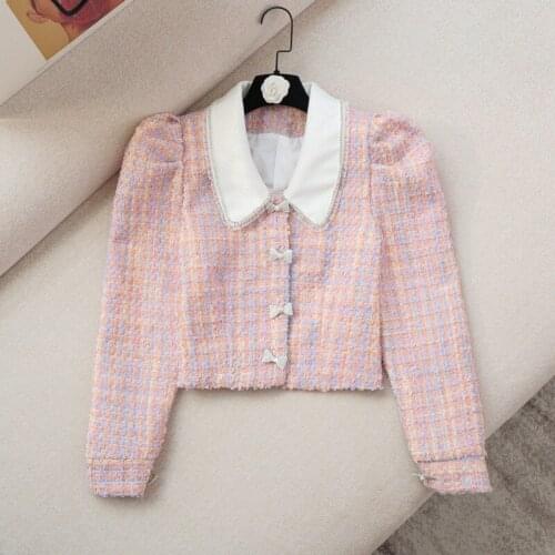 Autumn Small Fragrance Tweed Jacket Coat Women Long Sleeve Diamonds Bow Button Woolen Short Coats Korean Sweet Outwear Crop Top
