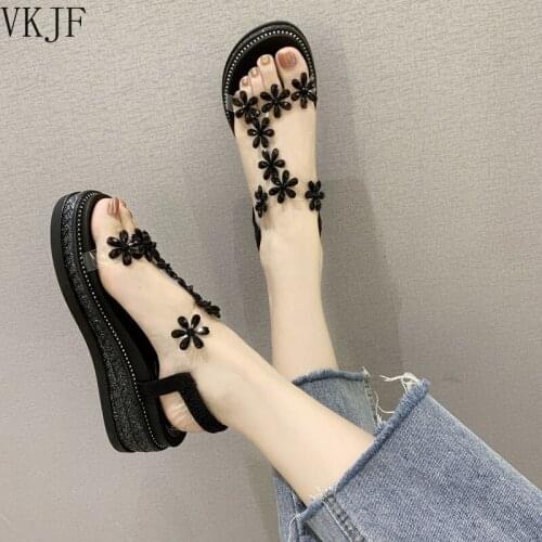 Ladies Platform Sandals Beige Black Wedge High Heels Summer Shoes Rhinestone Flower Ins Fashion Design 2021 Comfortable