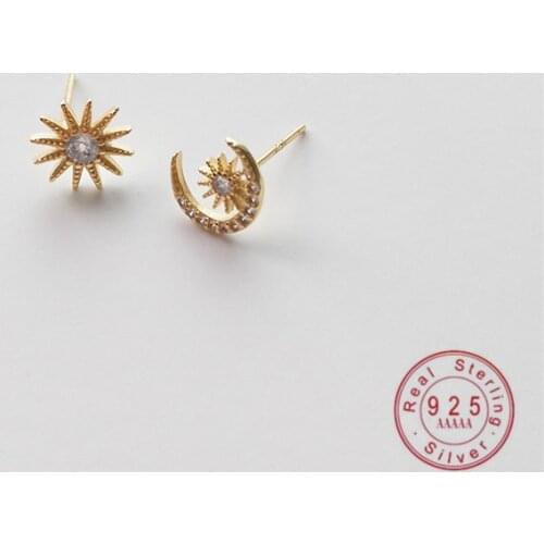 HI MAN 925 Sterling Silver INS Crystal Sun Moon Stud Earrings Women Classic Temperament Banquet Jewelry