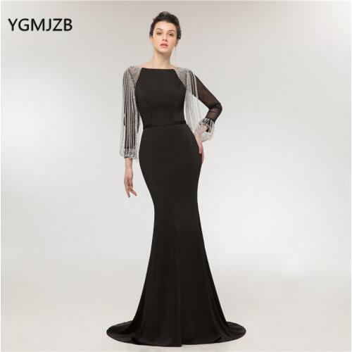 Robe de soiree 2020 Black Evening Dress Mermaid Long Sleeves Beads Crystal Tassel Women Formal Prom Evening Gown abendkleider