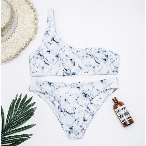 2018 High Waist Swimsuit Sexy Bikini Set Floral Print Bathing Suits two piece Swimwear one Shoulder Brown Women Push up Swimwear