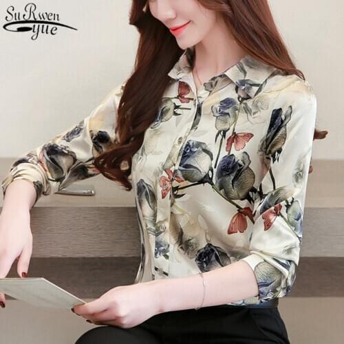 2021 Autumn Blusas Plus Size Silk Woman Shirt Fashion Blouse Women Long Sleeve Office Lady Clothing Rose Floral Print Tops 10725