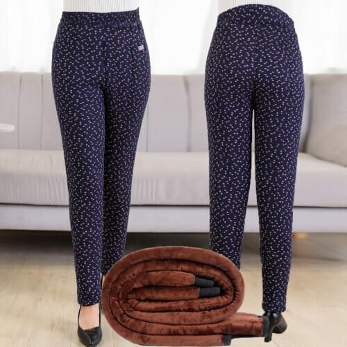 Women 2021 Autumn Winter Fashion Middle-aged Slim Trousers Female Thick Warm Print Pants Ladies Plus Size Elastic Legging M507