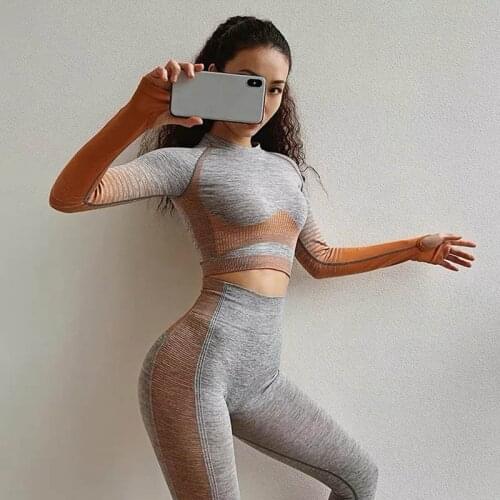 2 Pcs Seamless Workout Clothes For Women Long Sleeve Stripe Set T-shirt Top Sport Suit Workout Sports Gym Fitness Outfit Clothes