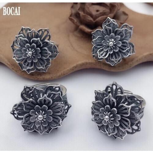 BOCAI New product solid S999 pure silver peony flower female ring retro ethnic style lace big flower woman finger ring