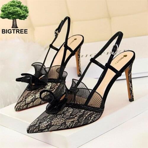 BIGTREE 9CM Sexy Floral Lace High Heels Sandals Women Cut-Outs Buckle Party Sandals Shallow Ladies Pointed Toe Pumps Back Strap