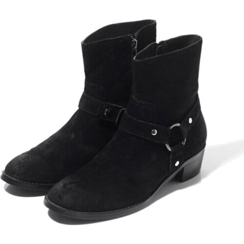 Black Leather Ankle Boots Suede New Design Fashion Mens Boots Buckle Autumn Boots Men Botas Motorcycle/Biking Footwear, 38-44