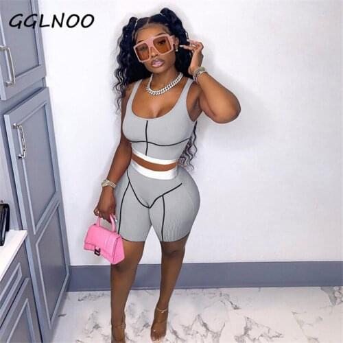 GGLNOO Summer Streetwear Pink 2 Piece Sets Women Outfit Sleeveless Backless Crop Top Biker Shorts Sets Fitness Tracksuit 2021