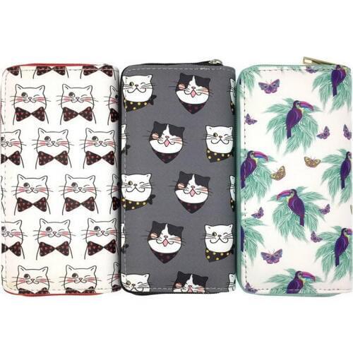 KANDRA Womens Cash Leather Wallet Hipster Cat Print Woman Gift Zipper Clutch Wallets Card Holder Travel Organiser Phone Purse