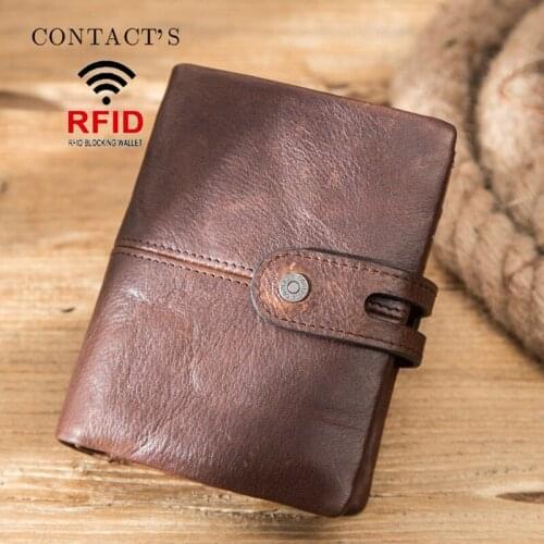 Genuine Leather Wallet Mens Wallets Vintage Rfid Men Crazy Horse Wallets Coin Purse Short Quality Designer Male Chain Money Bag