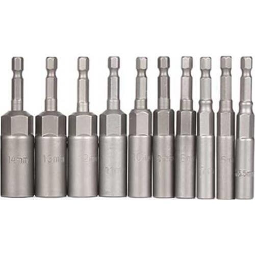 10Pc 1/4 Inch Wrench Hex Bit Socket Set Deep Long 1/2 Inch Impact Drill Socket Adapter Drill Bits