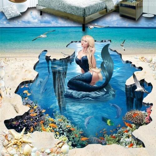 Beibehang Beach Mermaid Underwater World 3D floor bathroom mural non-slip waterproof thickened self-adhesive PVC mural Wallpaper