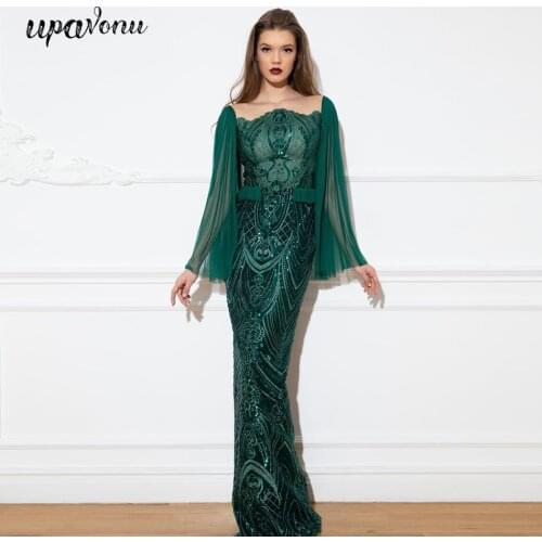2020 New Womens Club Party Dress Sexy Off Shoulder Flare Sleeve Green Mesh Sequined Long Dress Elegant Bodycon Dress Vestidos