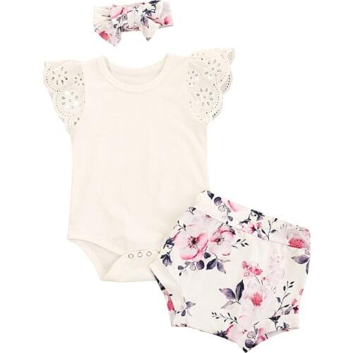 Baby Girl’s Clothes Fresh Solid Color Fly Sleeve Jumpsuit and Flower Short Pants with Headband