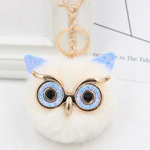 Fluffy Rabbit Fur Pompon Owl Keychain Women Cute Girls Bing Bling Owl Key Chain On Bag Car Trinket Jewelry Wedding Party Gift
