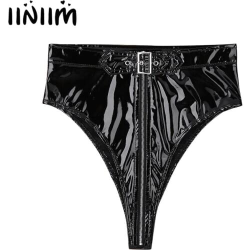 Womens Sexy Lingerie Panties High Cut Zippered with Belt Briefs Underwear Underpants Femme Body Latex bikini Clubwear Knickers