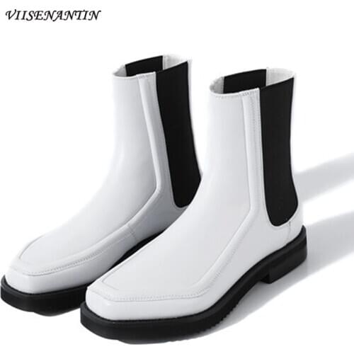 Shaped Square Toe Chunky Sole English Ankle Chelsea Boots Childrens Autumn and Winter Low Heel Slip on Genuine Leather Shoes