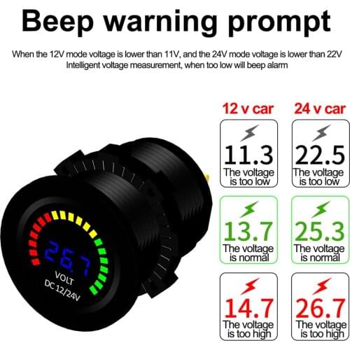 12/24V Color LED DC Digital Display Voltmeter with Low Pressure Buzzer Alarm Waterproof Tester Volt Gauge for Car Motor Truck