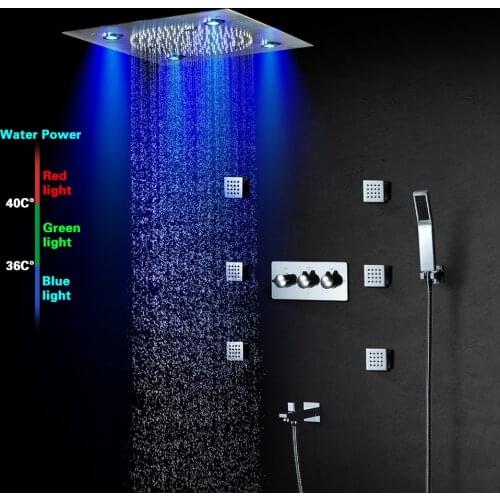 Ceiling Embedded Shower Faucet Set 32x32cm Hydropower LED Shower Head Rain and Misty Hot Cold Shower Mixer with Body Jet HIDEEP