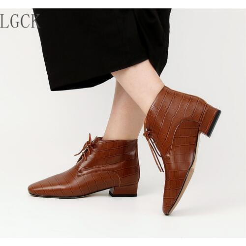Plus Size 34-43 Genuine Leather Women Shoe Lace-Up Fashion Boots Casual Embossed Leather Low High Heels Ankle Boot Zapatos Mujer