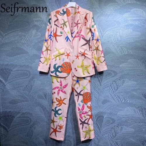 Seifrmann New 2021 Summer Women Fashion Designer Pants Suits Long Sleeve Coats + High Waist Print Long Pants 2 Two Pieces Suits