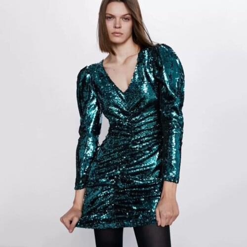 BE HYGGE 2020 Fashion New Ladies Sequin Dress Sexy Pleated Sequin Dress Boho Womens V Long Sleeve V-Neck Mini Dress Party Gift