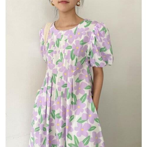 Bella Philosophy Wonder 2021 new Women Summer Round Collar Folds Long Floral Dress Puff Sleeve Slim Waist A-line Midi Dresses