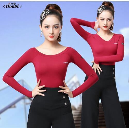 DOUBL Factory Modern Dance Training Dress Red Female Body Dress Top Latin Dance Dress Social Dance Workout Shirt long sleeve