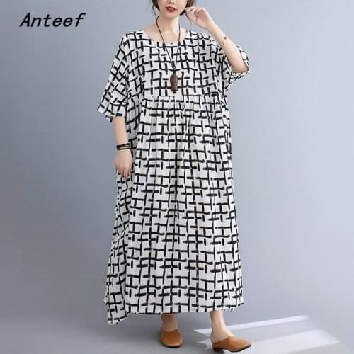 Short sleeve cotton vintage plaid dresses for women casual loose long woman summer dress elegant clothes 2021