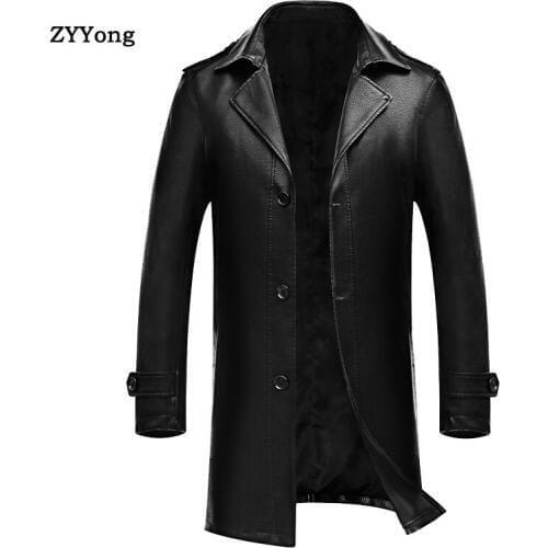 Winter Leather Jacket Men Trench Coat Windproof Long Slim Windbreaker Top Business Blazer Overcoat PU Black Windbreaker Outwear