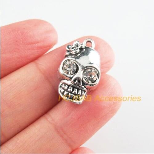 12 New Flower Skull Charms Clear Crystal Tibetan Silver Tone Halloween Pendants 13x22mm