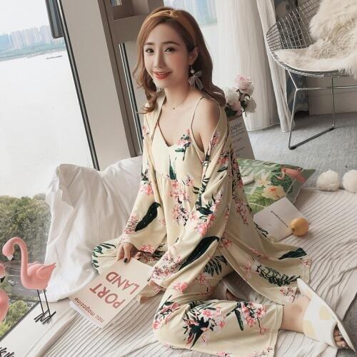 3pcs Pajamas Sets Floral Women Pajama Beach Cover Ups Nightgown Silk Sleepwear Womens Underwear Robes Set Lingerie
