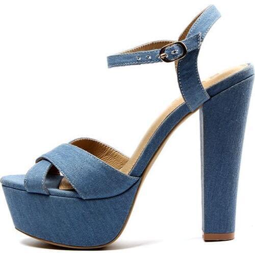 Summer Blue Jeans Women Chunky Heeled Sandals Open Toe Gladiator Sandals Women Casual Ankle Wrap Corss Platform Sandals