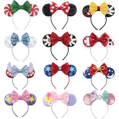 Disney Mickey Stitch Frozen Ears Headband Sequins Hair Bows Charactor For Women Festival Hairband Girls Hair Accessories Party