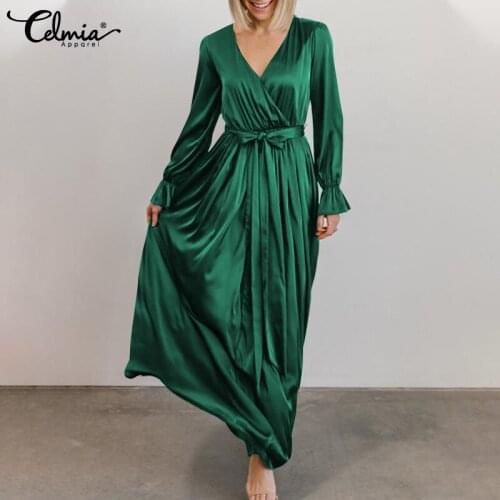 2021 Celmia Elegant Satin Dress Women Sexy V Neck Bandage Maxi Sundress Solid Casual Ruffled Long Sleeve Party Long Vestido Robe