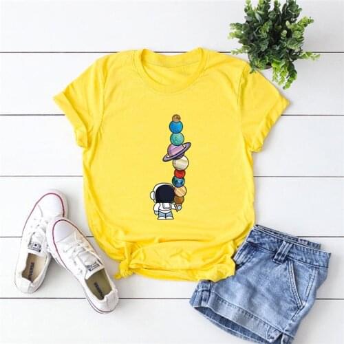 Plus Size Shirts Women Lovely Planets Astronaut Printed T-Shirt O Neck Short Sleeve Tees 100%Cotton T Shirt Summer Women Tops