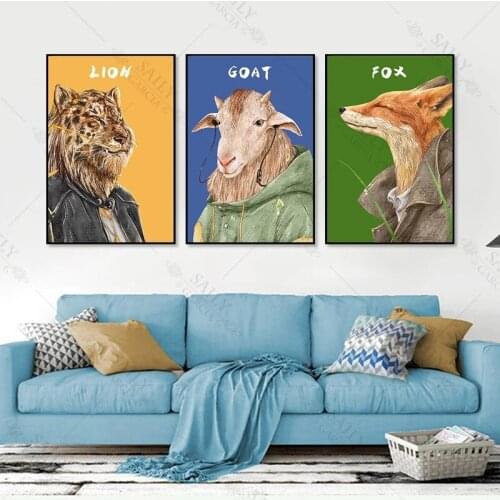 Animals Canvas Painting Funny Cartoon Lion Fox Goat Wearing Clothes Nordic Vintage Wall Art Posters for Living Room Home Decor