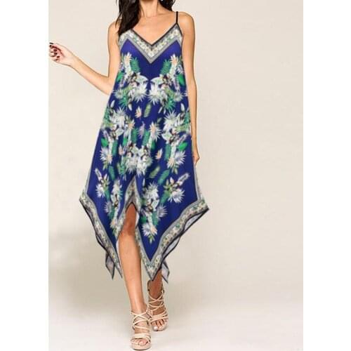 Summer Women Beach Mini Dress Printed Sling Ladies Loose Bohemian Dresses A-Line Holiday Plus Size Dress Irregular Hem Vestidos
