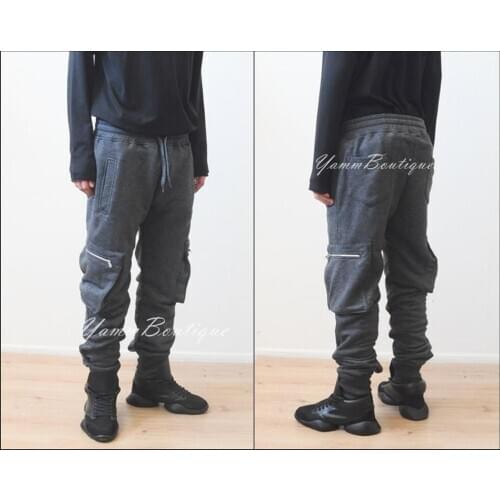 Mens Low Drop Crotch Sides Baggy Cargo Pockets Sweatpant Joggers / Loose Fit