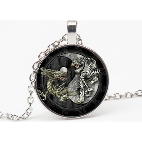 New Fashion Chinese Style Taiji Dragon Tiger Yin Yang Retro Charm Glass Pendant Long Chain Necklace Ladies Jewelry Mens Gift