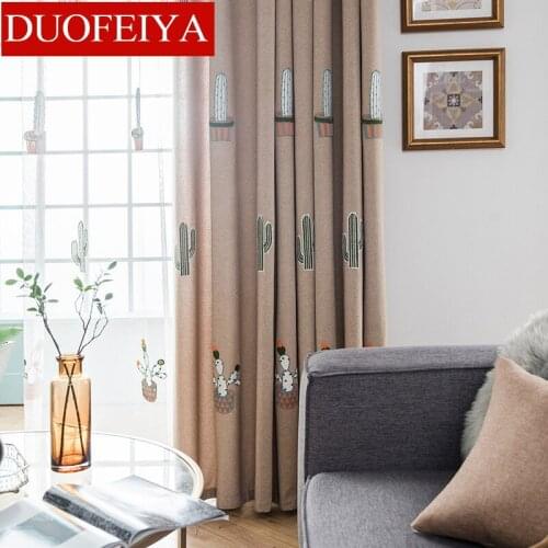 Simple Modern Ins Cactus Cotton and Linen Brushed Embroidered Shade Cloth Curtins for Living Room Bedroom Curtain Blackout