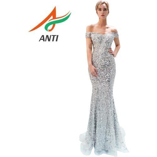 Silver Evening Dresses Walk Beside You 2019 High-end Beaded Sequined Bling Sparkle Mermaid Off Shoulder Sweetheart Prom Gowns