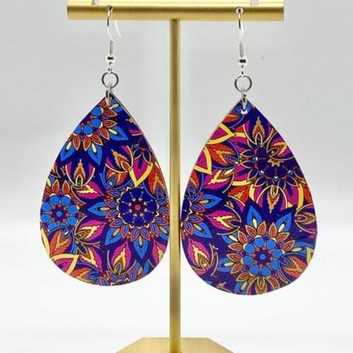 Floral Pattern Customize Leather Teardrop Teardrop Earrings We Can Accept Print Your Logo On Top The Pattern