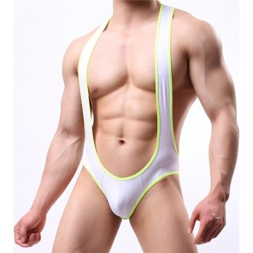 Sexy Men Undershirt Faux Leather PU Wrestling Singlet Open Butt Bikini Jumpsuit Suspender Underwear Tight One-Piece Bodysuit