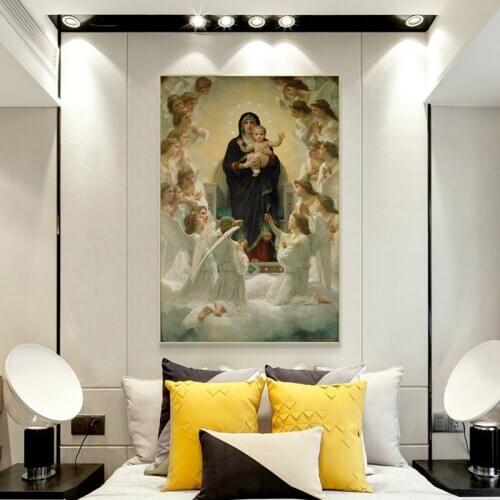 William Adolphe Bouguereau Famous Master Artist The Virgin with Angels Canvas Painting Poster Print Living Room Decor Wall Art