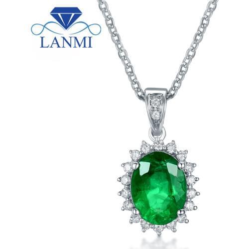 LANMI Gorgeous Oval 7x9mm Natural Emerald Dia In 18Kt White Gold Wedding Pendant WP043