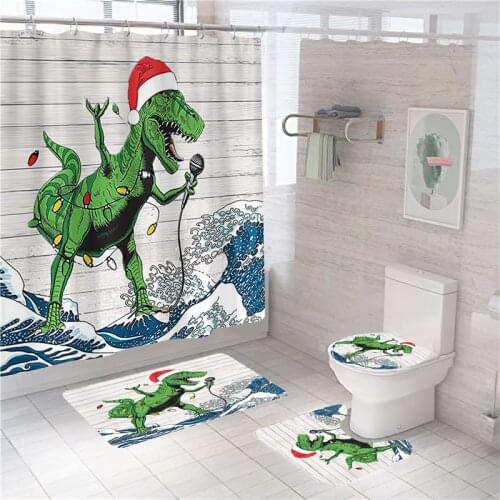 Funny Dinosaur Shark 3D Printed Shower Curtain Waterproof Polyester Bathroom Four-piece Set Bathroom Non-slip Mat Home Decor