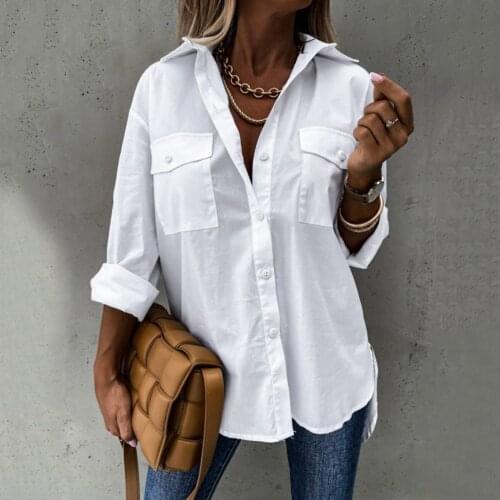 Ladies Casual Solid Color Blouses Irregular Loose Long Sleeve Lapel Shirt Top White Black Buttons Sexy Casual Spring Streetwear