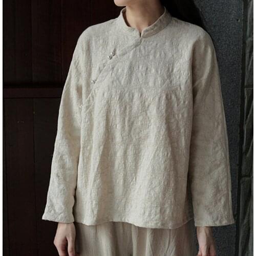 Johnature Women Vintage Shirt Stand Button 2020 Fall New Chinese Style Blouse Loose Cotton Jacquard Quality Top Women Shirt